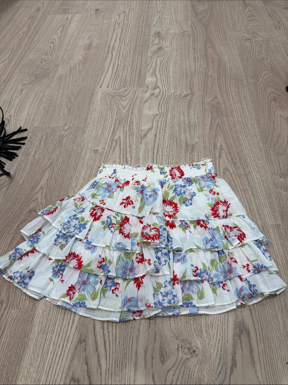 LoveShackFancy White Tiered Ruffle Mini Skirt with Red & Blue Floral Print